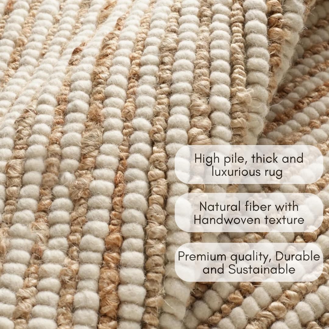 FRELISH DECOR Area Rug 4x6 feet - Premium Wool and Jute Blend Handwoven Rugs - Natural Fiber Chunky Stripe Rugs for Living Room, Bedroom, Hallways, Dining Area: Natural Ivory