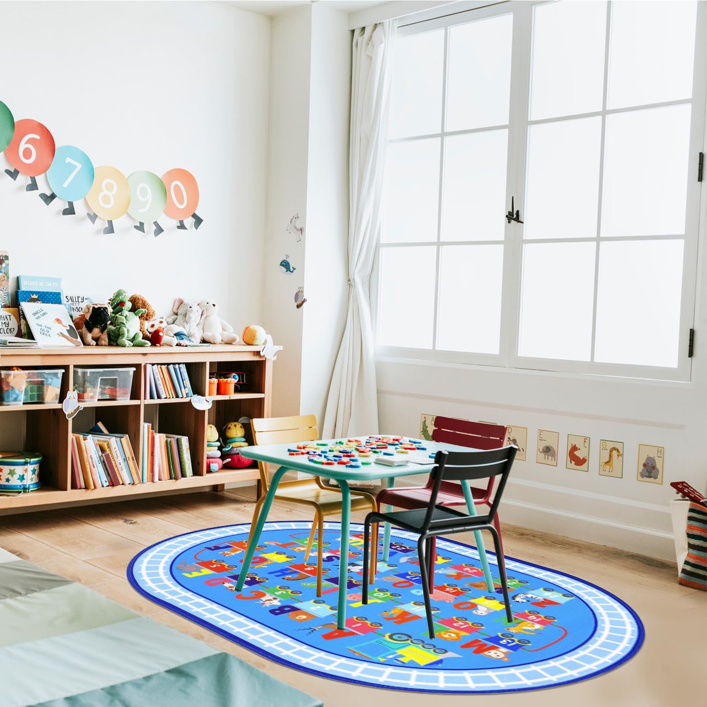 HiiARug Kids Carpet Playmat Rug ABC Alphabet, Numbers, Train and Road Themed Playing Educational Classroom Rug Fun Game Play Area Rug for Kids Bedroom, Toddler Classroom and Baby Playroom Decor
