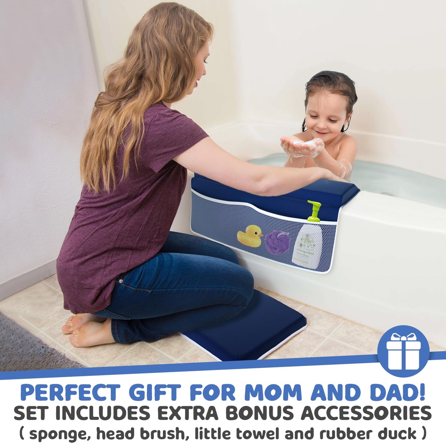 Sleepah Bath Kneeler and Elbow Kneeling Rest Pad Set for Baby Bathing – Waterproof Soft Memory Foam Mat Organizer Babies & Toddler Bathing Time Toys Sponge (Blue)
