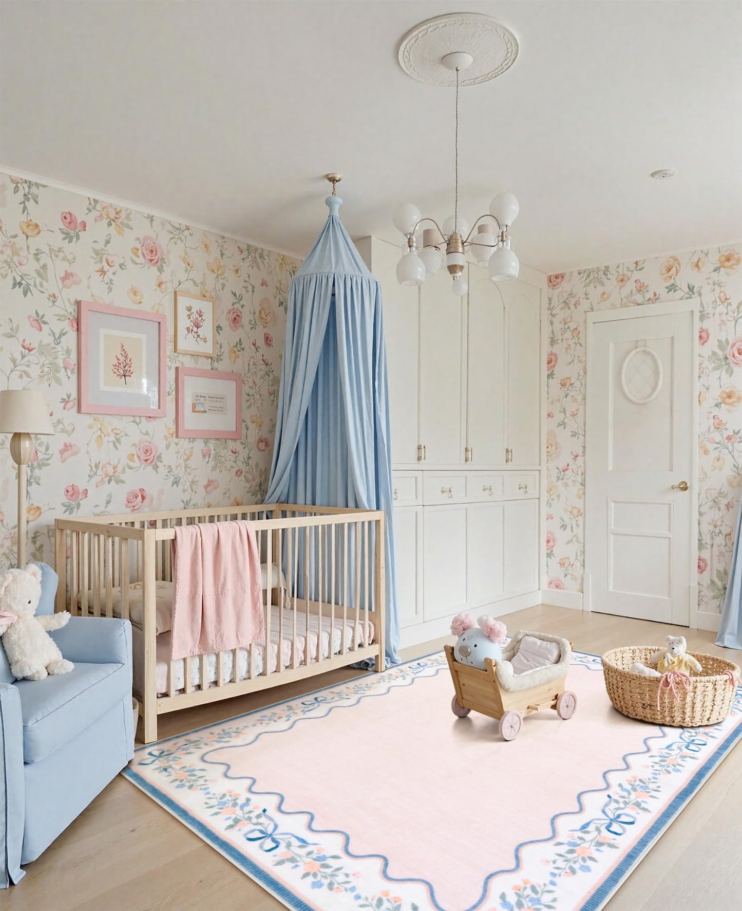 Seavish Pink Floral Rugs for Bedroom Girls, 5x7 Area Rugs for Living Room, Soft Washable Scalloped Nursery Rug, Boho Farmhouse Non-Slip Low Pile Carpet Rug for Kids Playroom Dining Room Office