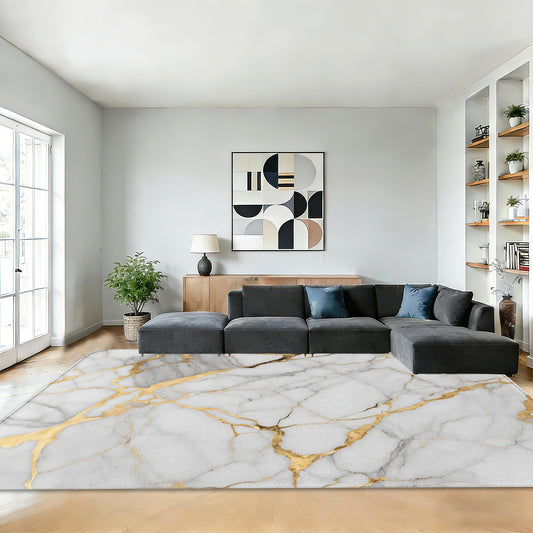Marble White Gold Washable Area Rugs 5x7,Modern Abstract Area Rug for Living Room Bedroom,Indoor Non-Slip Large Throw Carpet for Kitchen Entryway Bathroom Office