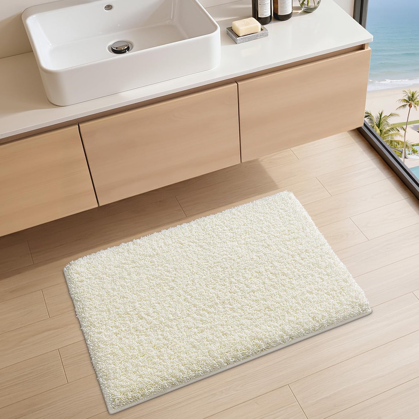 LUMI Cream Bathroom Rugs with Rubber Backing, 20x32 Absorbent Extra Thick Soft Plush Microfiber Bath Mat, Machine Washable Carpet for Bathroom Shower, Tub, Sink, Hotel