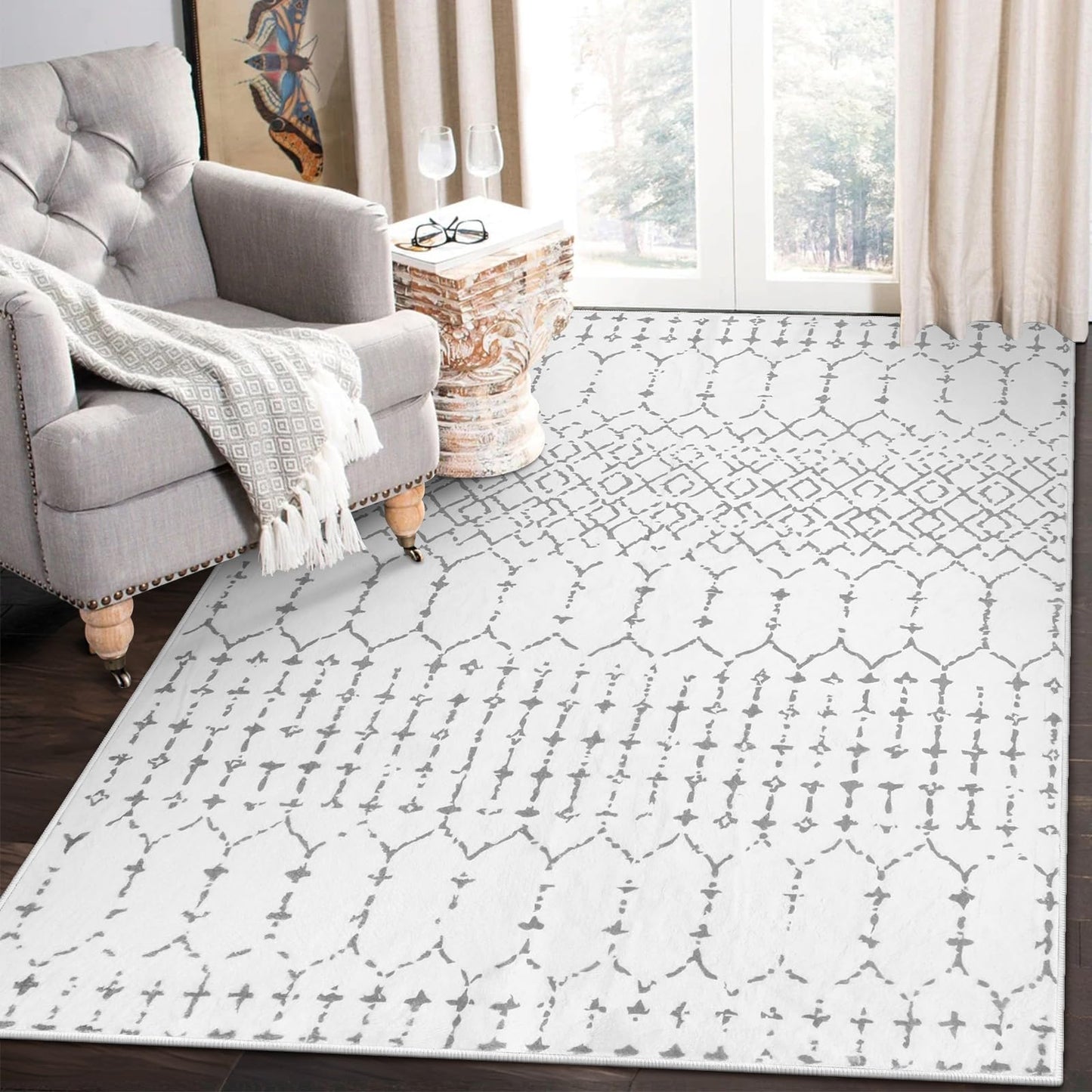 Lahome Moroccan Living Room Area Rug - Washable Rugs 4x6 Non-Slip Soft Throw Rugs for Bedroom White Lightweight Large Rug, Modern Geometric Print Low-Pile Capet for Classroom Office Dining Room Hana