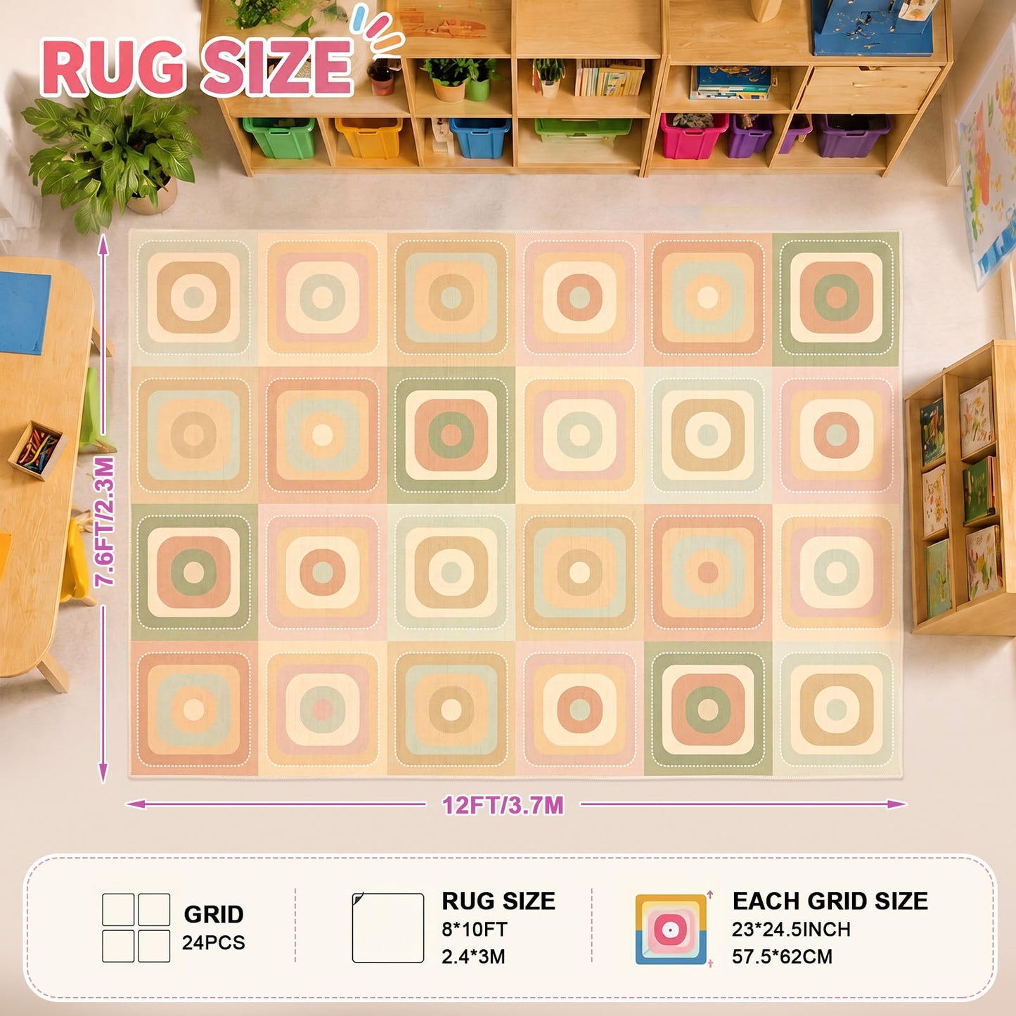 Amylove 7.6 x 12 ft Large Classroom Rug Elementary, Rounded Squares Circle Time Seating Area Rug, Soft Boho Educational Carpet for Preschool, Kindergarten & Daycare, Learning Play Mat, Seats 24