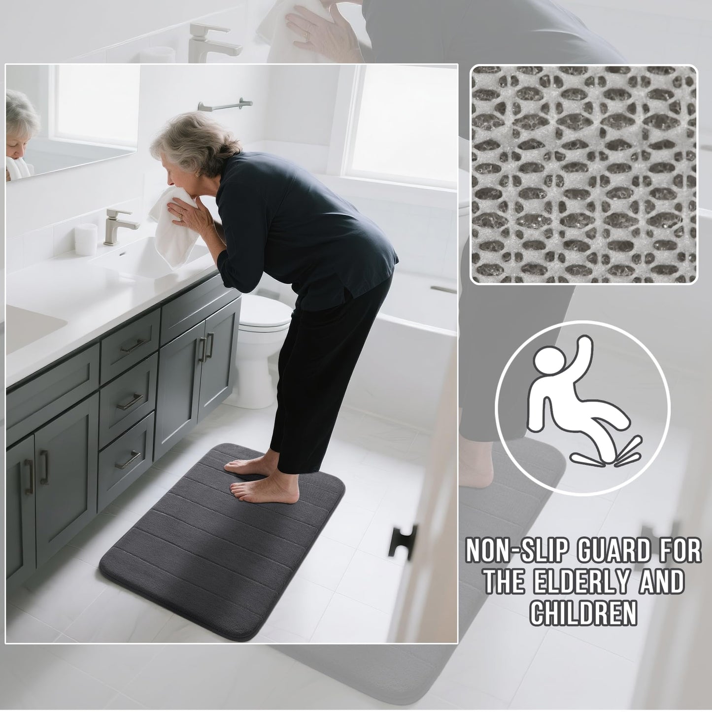 Yimobra 3 Pieces Memory Foam Bath Mat Set with U-Shaped Toilet Rug - Non Slip Super Soft Absorbent Quick Dry Bathroom Rugs for Bathtub, Vanity & Toilet Base, Dark Gray