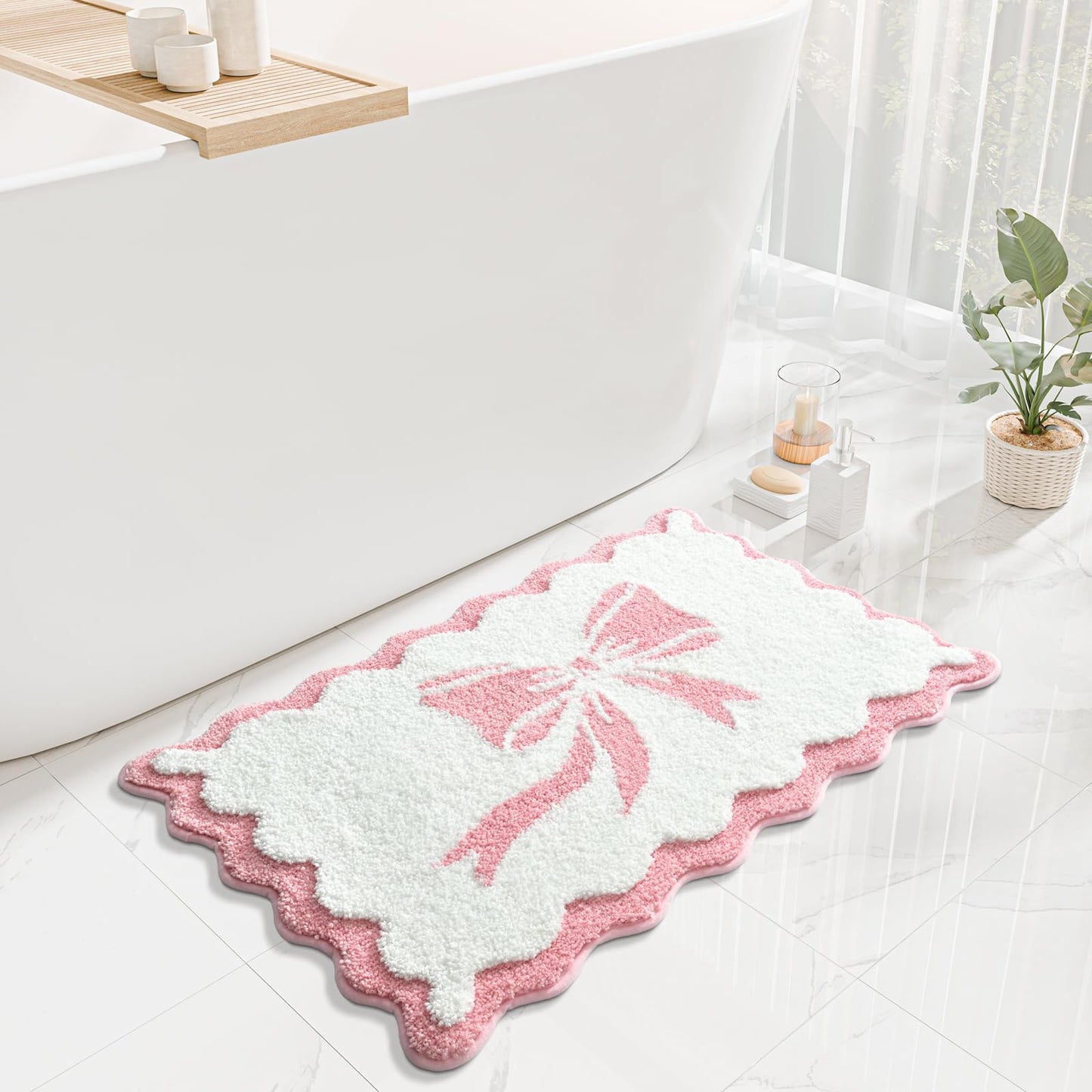 Anybar Bow Bath Mat Pink White Bathroom Rug Cute Scalloped Rugs Non Slip Floor Carpet Microfiber Bathmat Soft Super Absorbent Machine Washable Bathmat for Shower Scallop Bathroom Mats（20x32 inch）