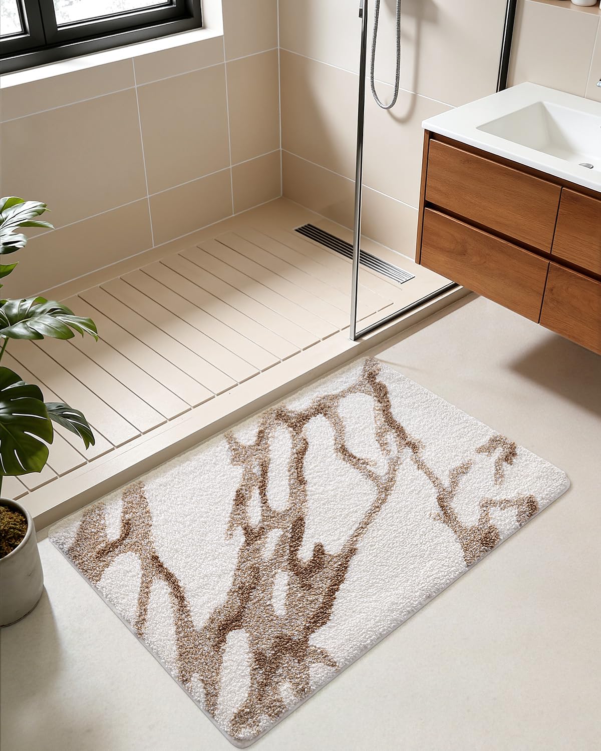DEXI Bathroom Rug Mat 30x17, Soft and Absorbent Marble Bath Mat, Non Slip Machine Washable Bath Rugs for Shower Floor, Tub, Sink, White and Beige