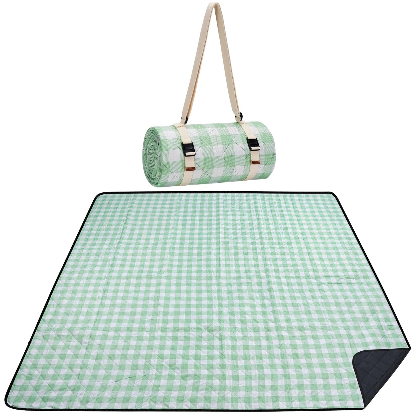 WILLOW WEAVE Picnic Blanket, 80''x80'' Waterproof Outdoor Blankets, Picnic Mat Washable for Beach, Picnic Blankets for Camping on Grass with Shoulder Strap - Green & White