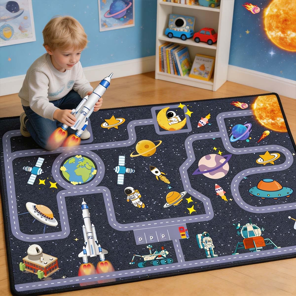 Pyrrhite Outer Space Kid Rug，Boys Car Rug for Kids Toy Cars Have Fun Safely, Non-Slip Educational City Road Rugs Carpets for Kid Room Bedroom（47×31 in