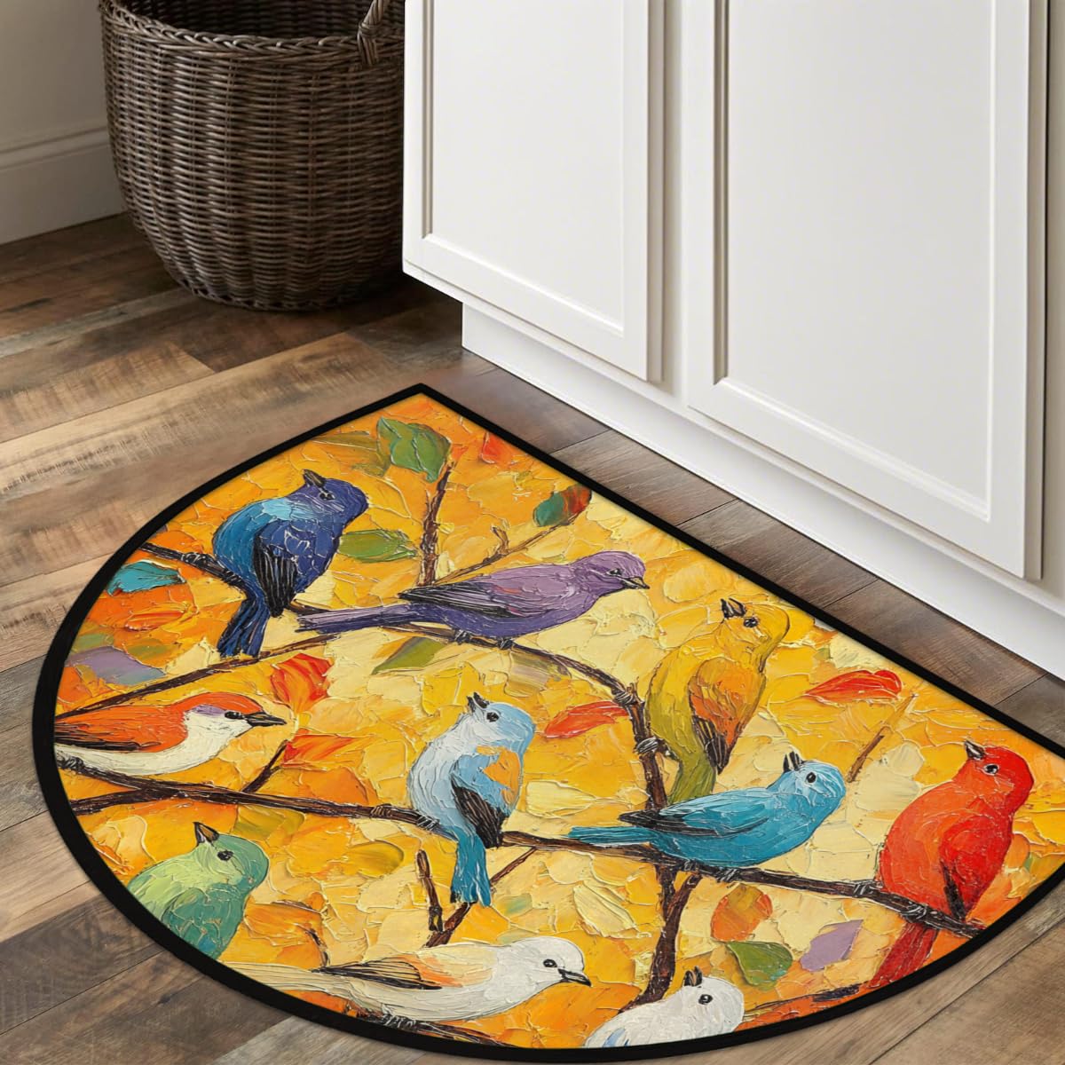 Pardick Bird Oil Painting Half Round Door Mat, Non-Slip Welcome Indoor Entrance Way Rug Semi Circle Front Doormats Washable Bathroom Kitchen Floor Mat, Outdoor Rugs for Garage, Patio, Hearth Rug