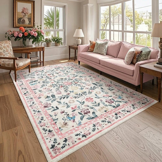 GarveeHome 8x10 Washable Floral Distressed Rug, Vintage Farmhouse Area Rug for Living Room, Non-Slip Low Pile Soft Carpet for Nursery Bedroom Dining Room Home Office, Pink