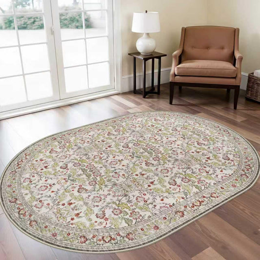 4x6 Oval Rug Washable for Entryway: Floral Runner for Bedroom - Ultra Thin Low Pile Stain Resistant Carpet - Home Decor for Vintage Style Lover - 4x6 Oval Off-White/Green/Multi