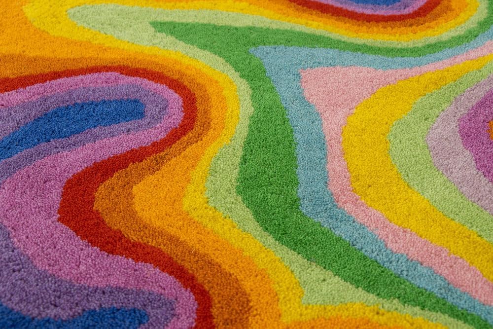 WovenRug Wonders Irregular Shaped Throw Rug Illusion Pattern | Handmade 100% Wool Modern Colourful Stripe Hand-Tufted Area Rugs (7x7 Feet)