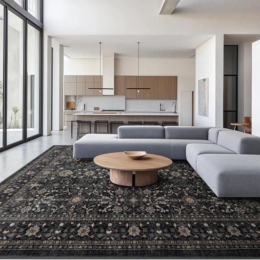 Ruaruarug Washable Area Rug 8x10 for Living Room, Bedroom, Ultra Soft Non Slip Stain & Fade Resistant, Pet & Kids Friendly, Suitable for High Traffic Areas Easy to Clean for Office Kitchen, Black Grey