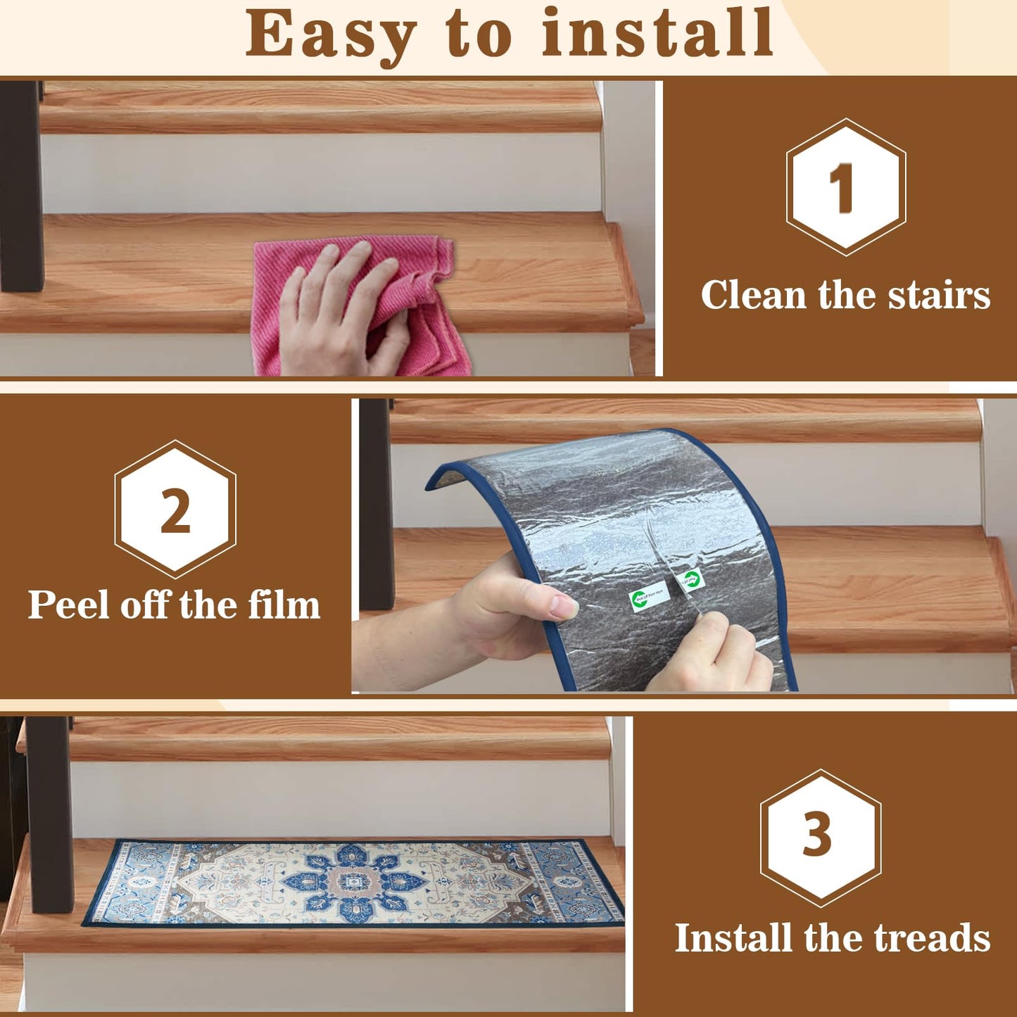 FlowaFoli 15Pcs Stair Treads for Wooden Steps Indoor with Self Adhesive, 8"x30" Non Slip Stair Treads Stair Carpet Runner, Resistant Indoor Runner for Kids、Elders and Pets,White and Brown
