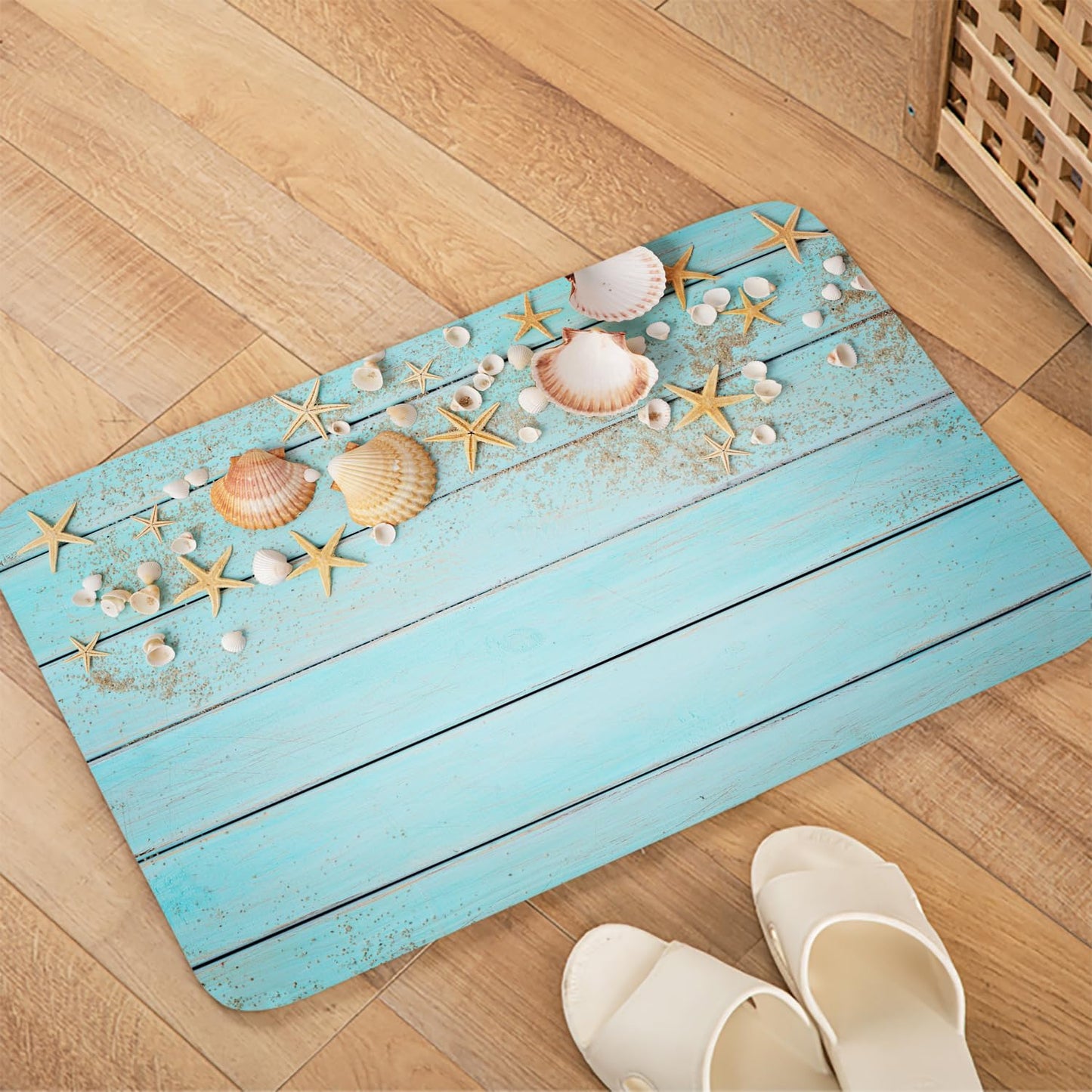 LYFANS Memory Foam Bath Mat, Non Slip Absorbent Flannel Bathroom Rug, 18" x 30", Soft Washable Shower Floor Mat with Coastal Seashell, Decorative Bath Rugs for Bathroom, Kitchen, Entryway, Bedroom