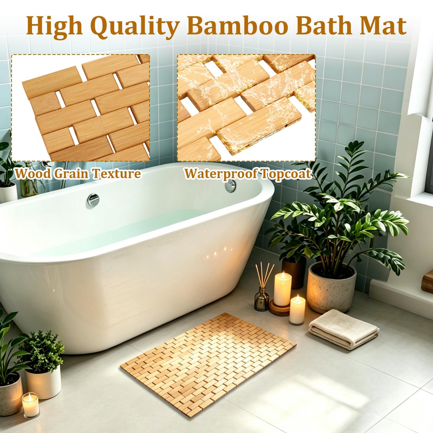 YAYODS 2 Pack Bamboo Bath Mat, 24.8x16.5 Inch Non Slip Waterproof Bamboo Shower Mat Wooden Bathroom Mat for Floor, Bathtub, Sauna Spa, Pool