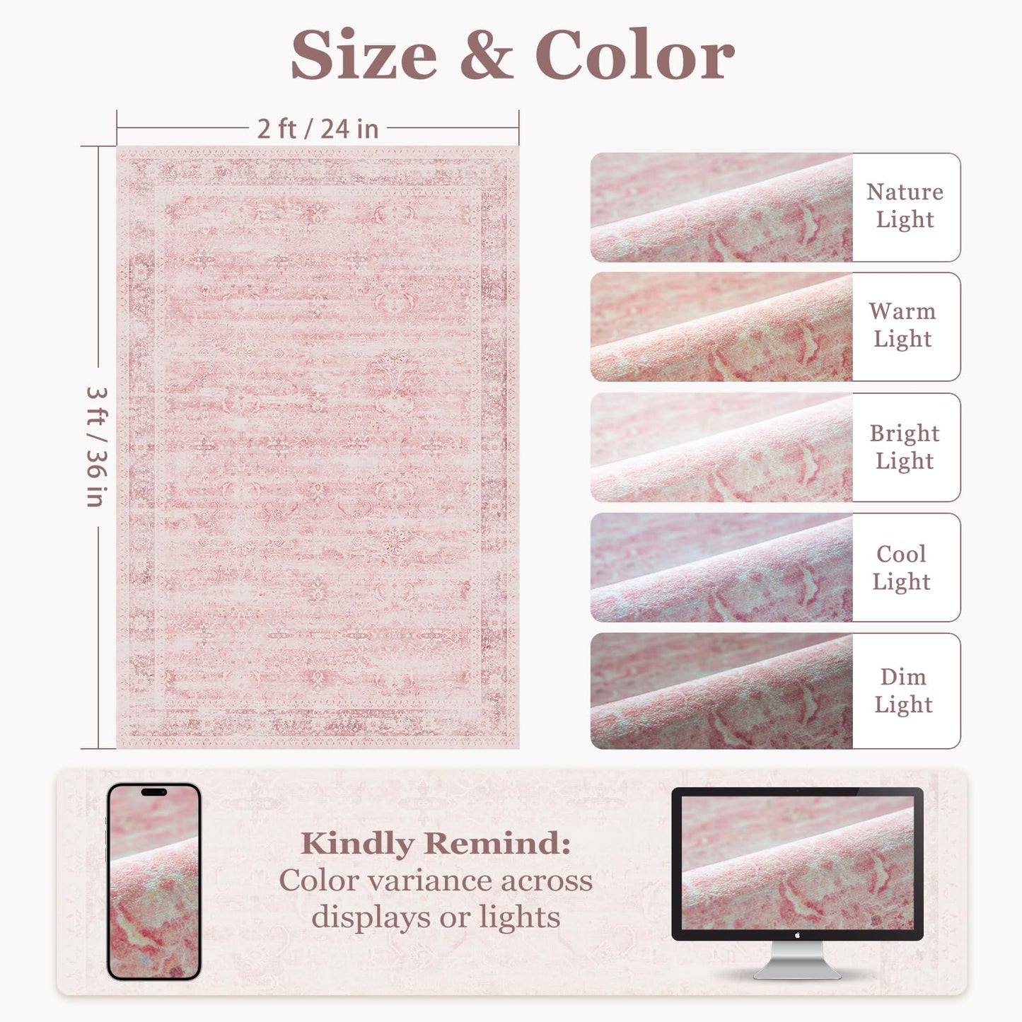 Jainmy Small Pink Rug 2x3, Aesthetic Area Rug for Girls Bedroom Bedside Vanity, Cute Rug for Nursery Kids Room Dorm Washable Non Slip, Low Pile Thin Indoor Door Mats for Entryway Entrance Kitchen