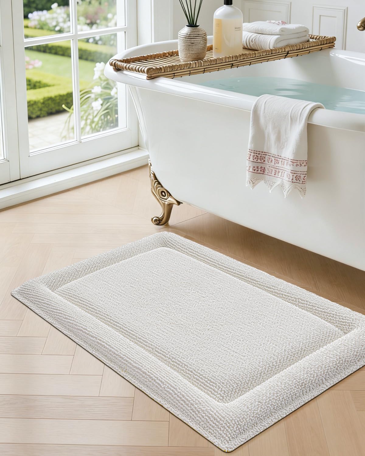DEXI Memory Foam Bath Mat 24x17, Soft Absorbent Chenille Bathroom Rug, Non Slip Quick Dry Bath Mats for Bathroom, Thick Plush Floor Carpet for Tub Shower, Sink, Ivory