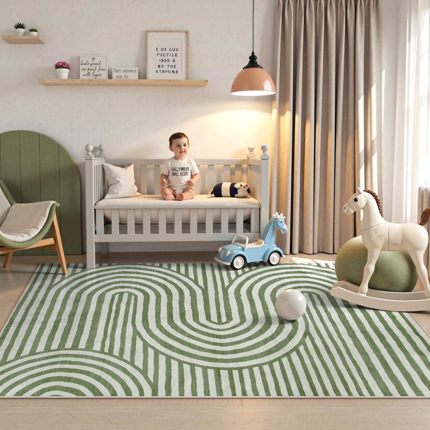 Lahome Green Washable Rug 5x7, Soft Kids Bedroom Rug Mid Century Modern Area Rugs for Living Room, Non-Slip Ultra-Thin Stain Resistance Abstract Rug for Nursery Large Playroom Office Alba(5'X7',Green)