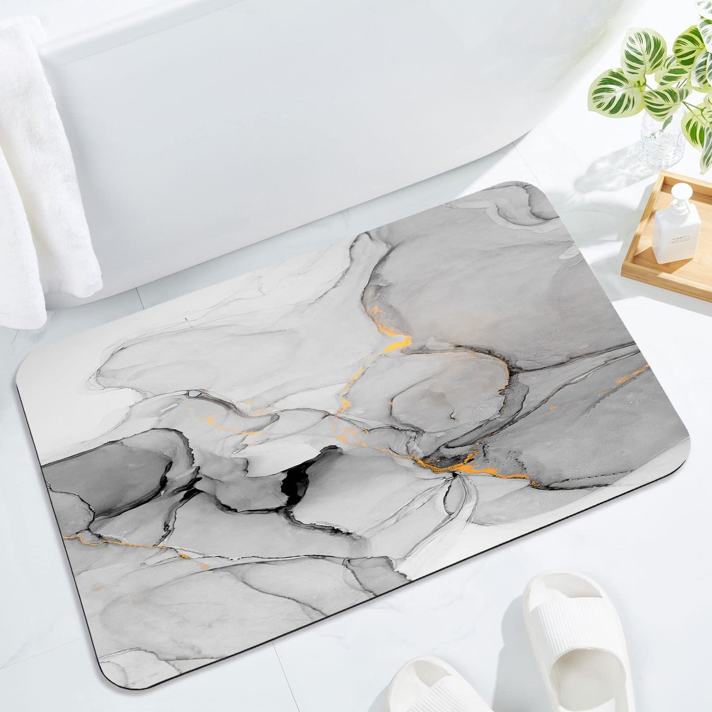 Gibelle Grey Marble Shower Curtain,Bath Mat Rug 20"x32", Grey