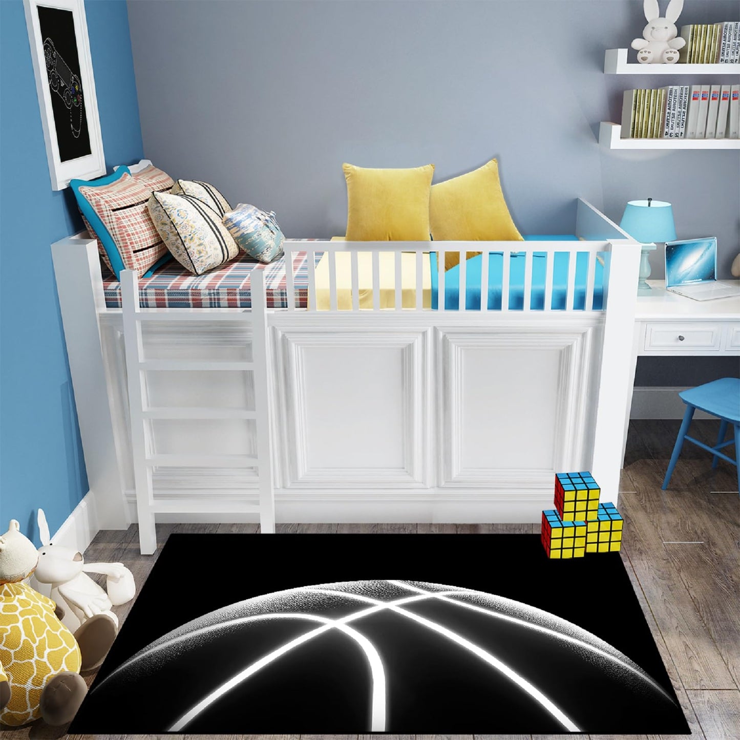 Basketball Rug for Boys Bedroom - Black Basketball Area Rug Basketball Decor Floor Kids Room Carpet Fun Sport Basketball Rug Printed White Ball Playroom Mat,2'6''×4'