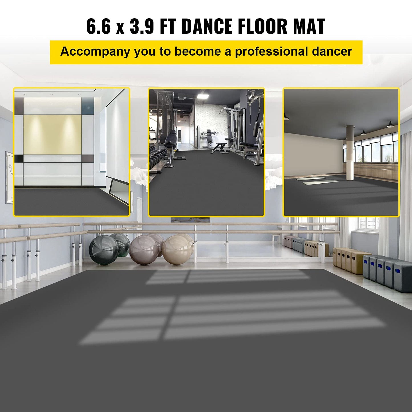 VEVOR Dance Floor 6.6x3.9ft, Portable Dance Mat 0.06in Thick PVC Vinyl Dance Floor Roll Black/Grey Reversible Marley Dance Practice Floor, Non-Slip Dance Flooring for Ballet Jazz Pop Lyrical Style