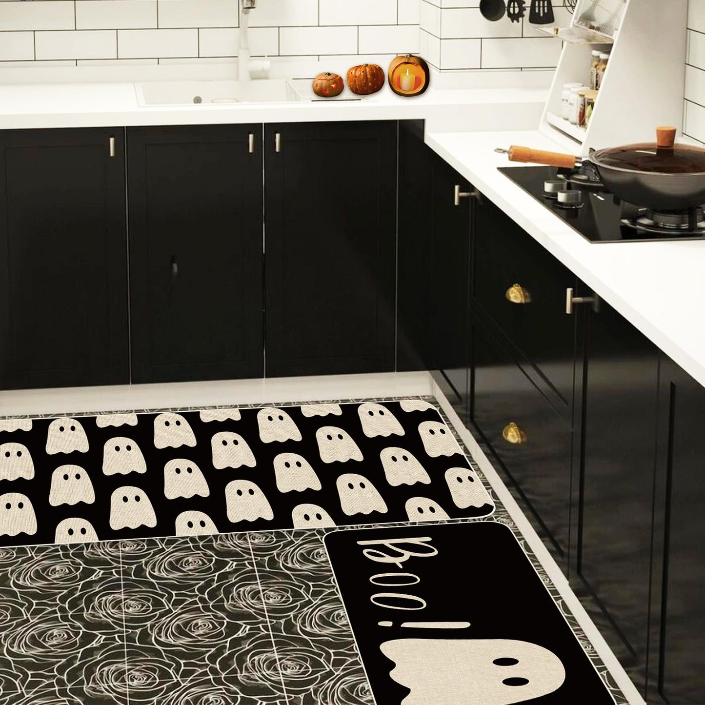 FYSUIMU Halloween Ghost Kitchen Rugs Set of 2 Black Ghost Boo Kitchen Floor Mat Non-Slip Spooky Bathroom Rugs Cute Halloween Kitchen Decor for Party Home, 17 x 29 Inch & 17 x 47 Inch