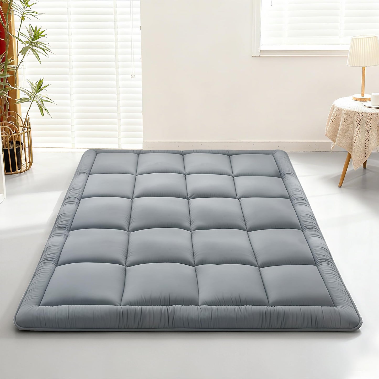 ALPSWAN Japanese Floor Mattress Futon, Thick 5-Layer Roll Up Foldable Mattress, Comfortable Foam Tatami Mat Sleeping Pad (Gray, Queen)
