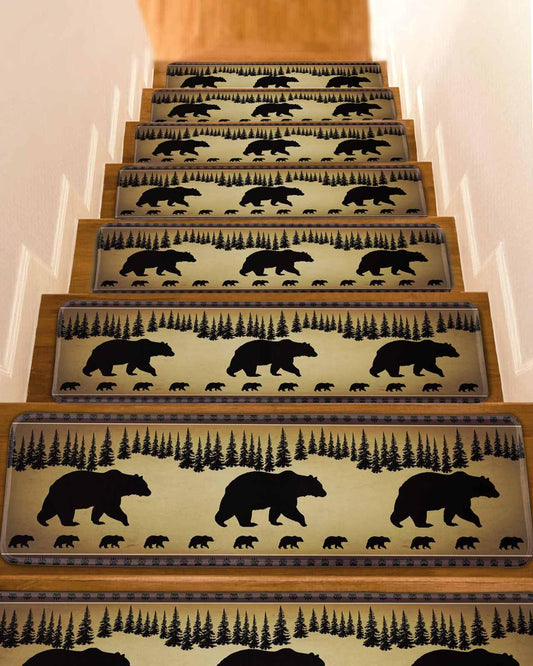 Black Bear Stair Treads for Wooden Steps Indoor Runner Rug Carpet, Vintage Animals Farmhouse Pine Brown Forest 10 Pieces Peel and Stick Staircase Step Treads Covers Washable Throw Door Mats 30"x8"