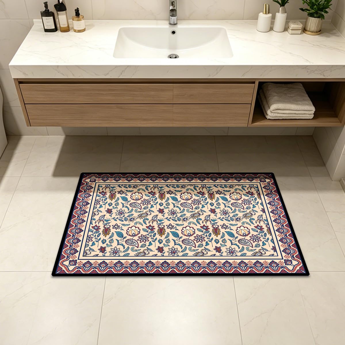 Washable Corridor Runner Rug, Non-Slip Hallway Rug with Upgrade Rubber Backing, Stain Resistant Faux Wool Distressed Carpet for Bedroom Kitchen Laundry Corridor Balcony (Leaf, 35.4" x 23.6")