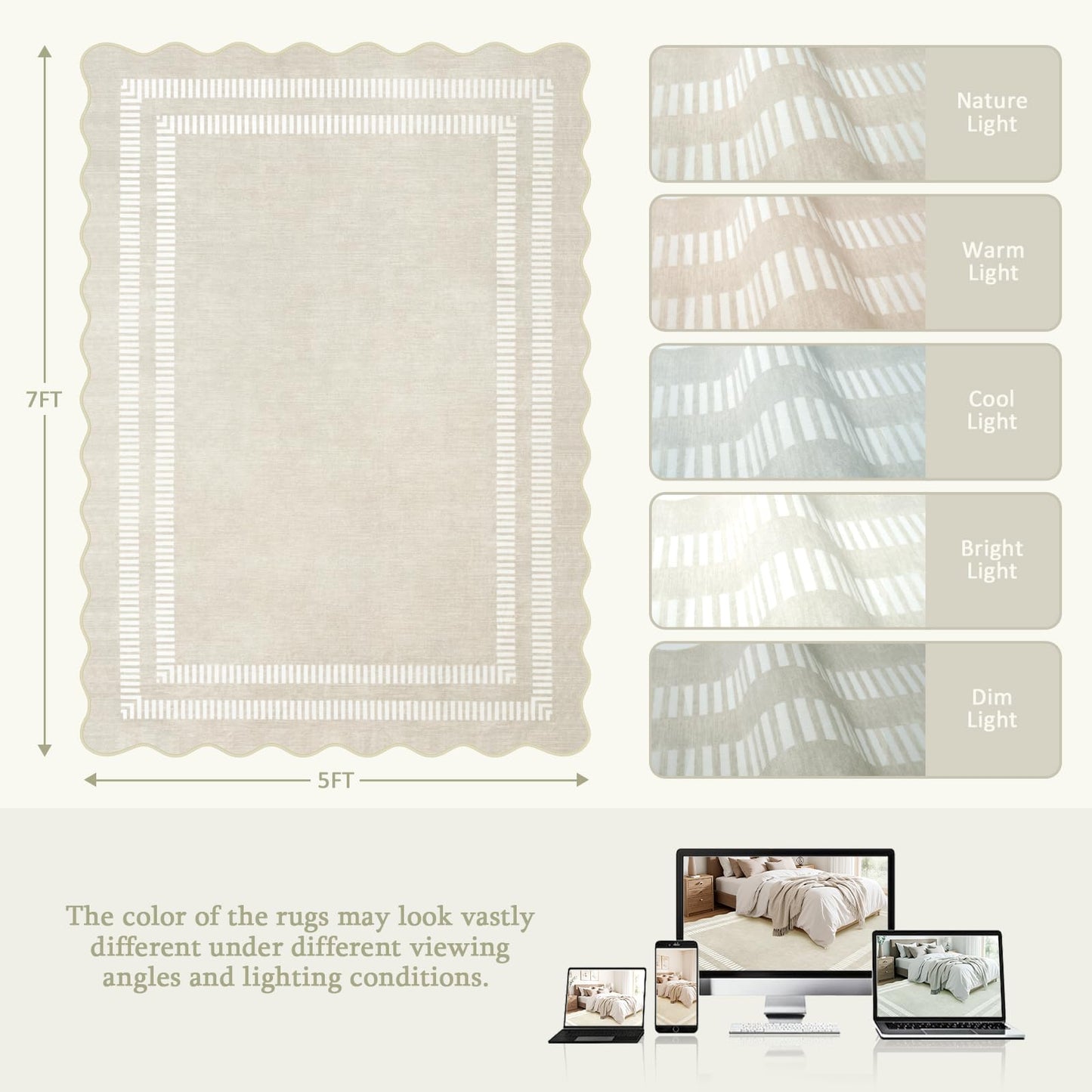LORWER Area Rugs 5x7 Living Room Washable Modern Rug, Neutral Beige Soft Non Slip Rugs Ultra-Thin Indoor Carpet for Bedroom Dining Room Nursery Home Office
