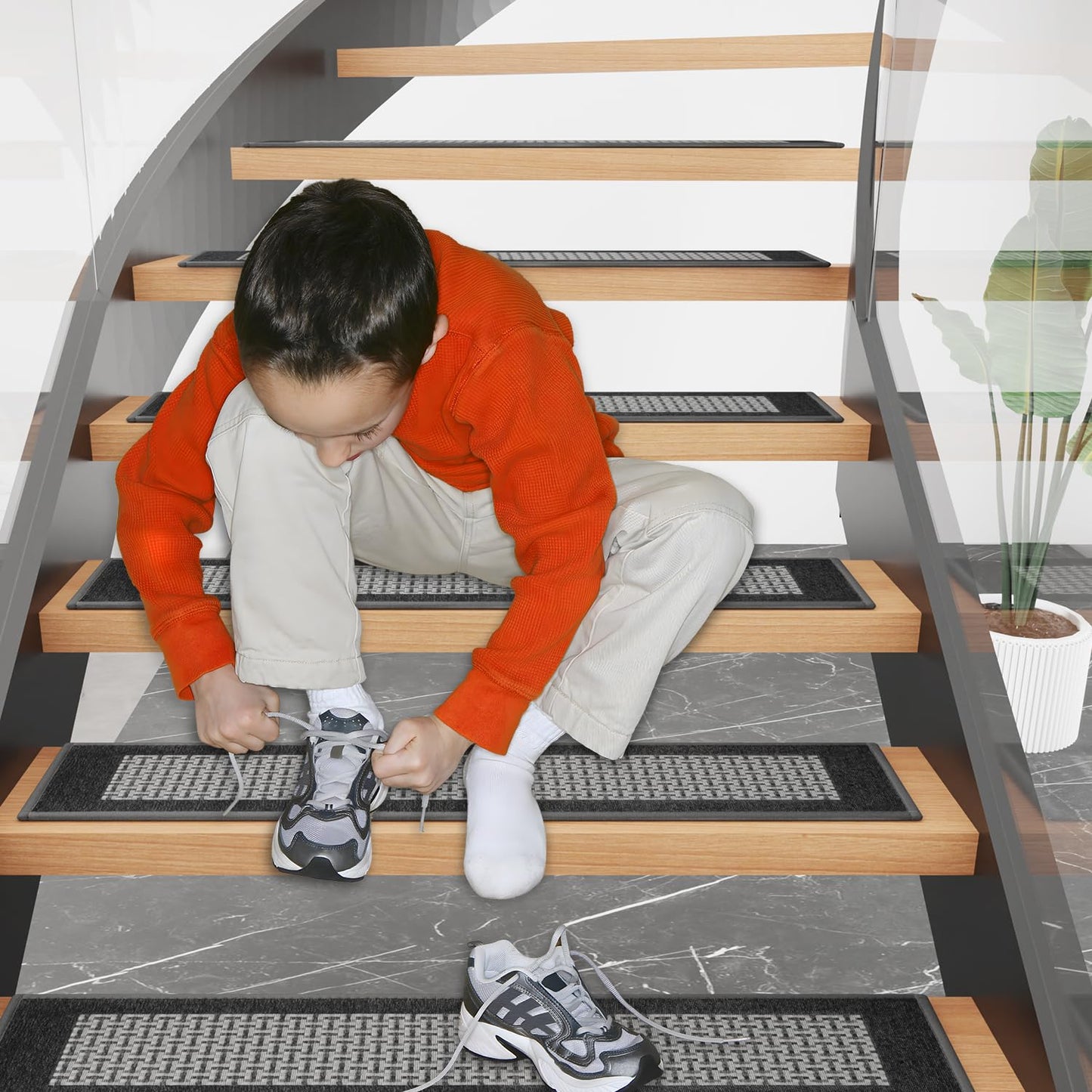 Hargiis Stair Treads for Wooden Steps Non-Slip Carpet, 7 PCS Polyester Indoor Stair Mats with Rubber Backing, No Adhesive, Safety Stair Runners for Kids, The Elderly and Pets (Grey Plaid, 30"x8")