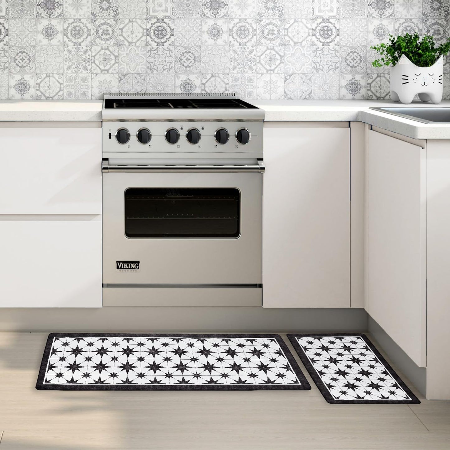 OnesCosy Black Kitchen Rugs Set of 2, Anti Fatigue Mats for Kitchen Floor, Waterproof Cushioned Rug, Non Slip Memory Foam Standing Mat for Sink, Stove, Laundry, Star Tile, 17.3"x27.6"+17.3"x47.2"