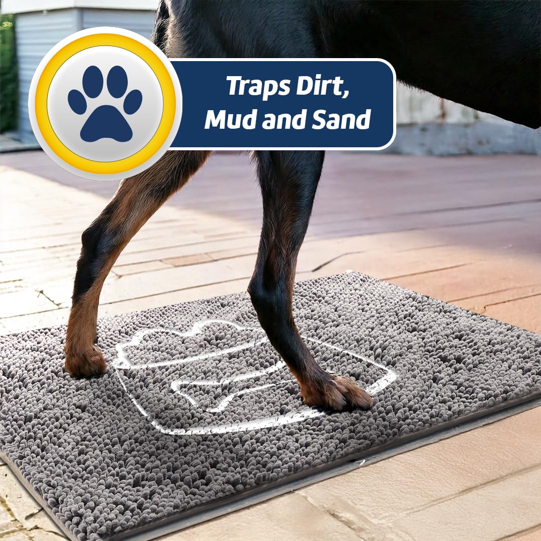 Muddy Mat® Pet Bowl Dog Door Embroidery Mat Super Absorbent Microfiber Indoor Outdoor mat for Muddy Paws, Non-Slip Washable Pet Rug, Quick Dry Chenille Entryway Carpet, Machine Washable – Grey 19”x30”
