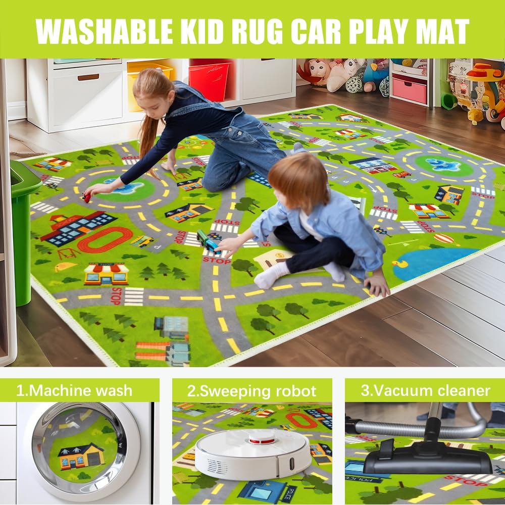 Xuzrdaa Kids Carpet Car Rug Play Mat, Road Rug - Play Learn and Have Fun Safely - Extra Large Thick (0.6cm) Kids Carpet for Playroom, Kids Bedroom, Toddler Room, Non-Slip Rugs(KR1,2.6 * 4ft)