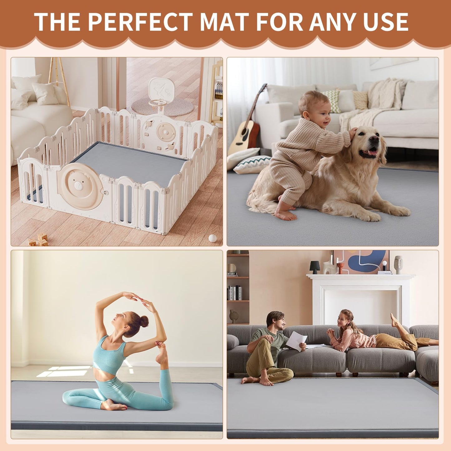 Baby Play Mat for Floor - 1.4" Thick Memory Foam Rug, 60"x60" Playpen Tummy Time Mat, Soft Velvet Nursery Rug, Large Padded Crawling Mat, Cushioned Pads for Playroom Toddlers, Infants, Yoga, Tatami