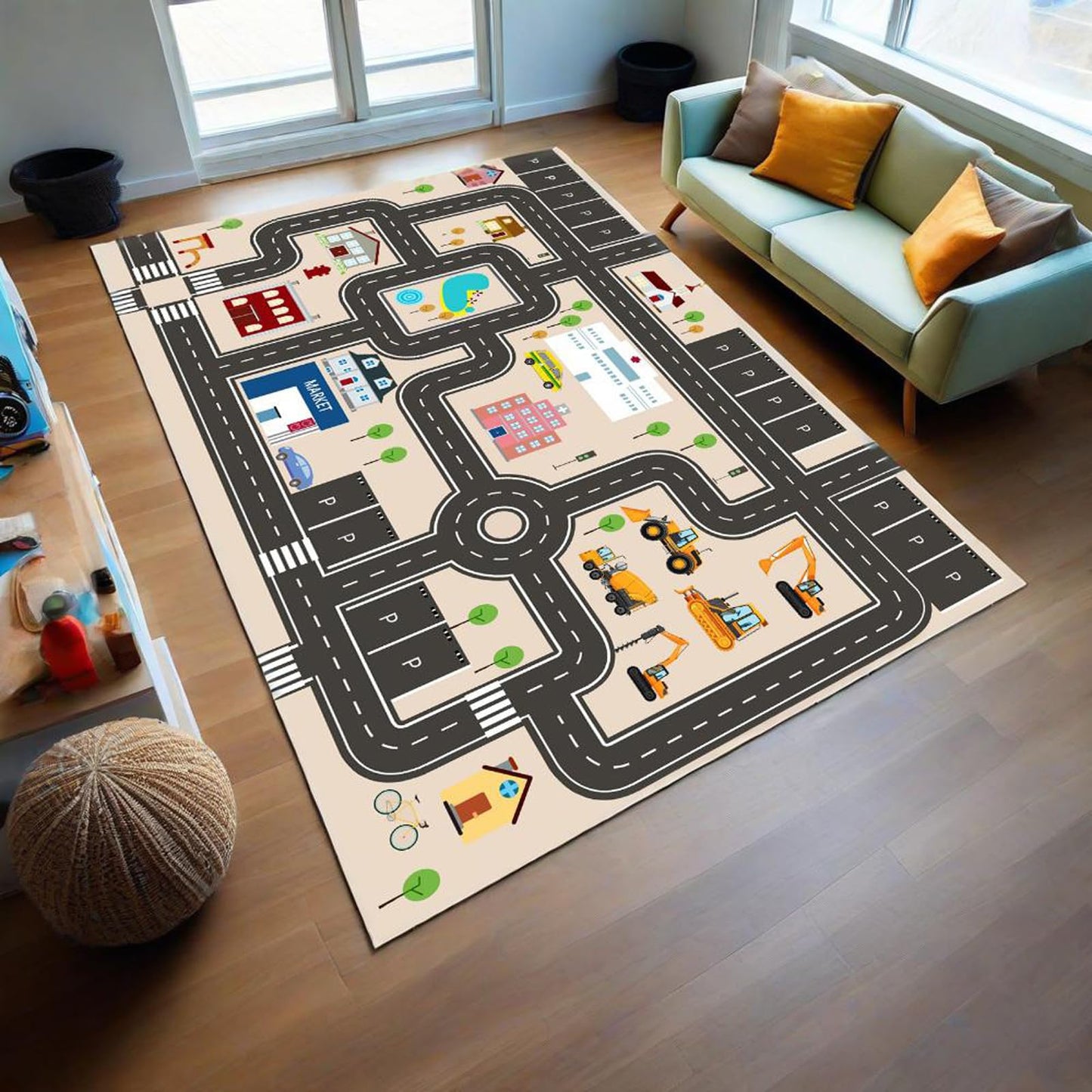 Jngred Kids Car Rug Playmat with Non-Slip Rubber Backing，Car City Life Road Carpet，Child Car Traffic Rugs ，Train Track Play Mat(80×120cm/32×47in)