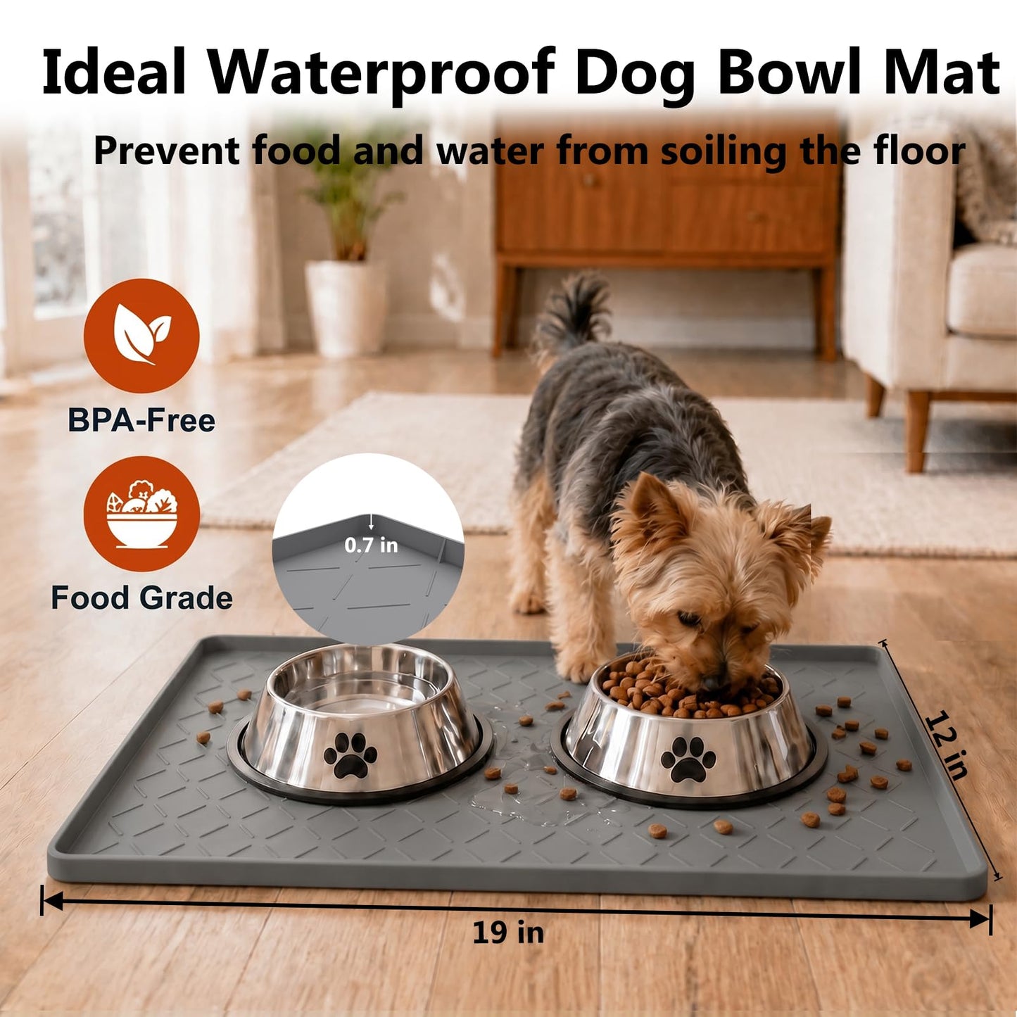 MateeyLife Silicone Mat Waterproof 12"X19", Ideal for Dog and Cat Food Mat, Dog Bowl Mats for Food and Water, Pet Placemat with Lip for Messy Drinkers to Protect Floor, Dark Grey