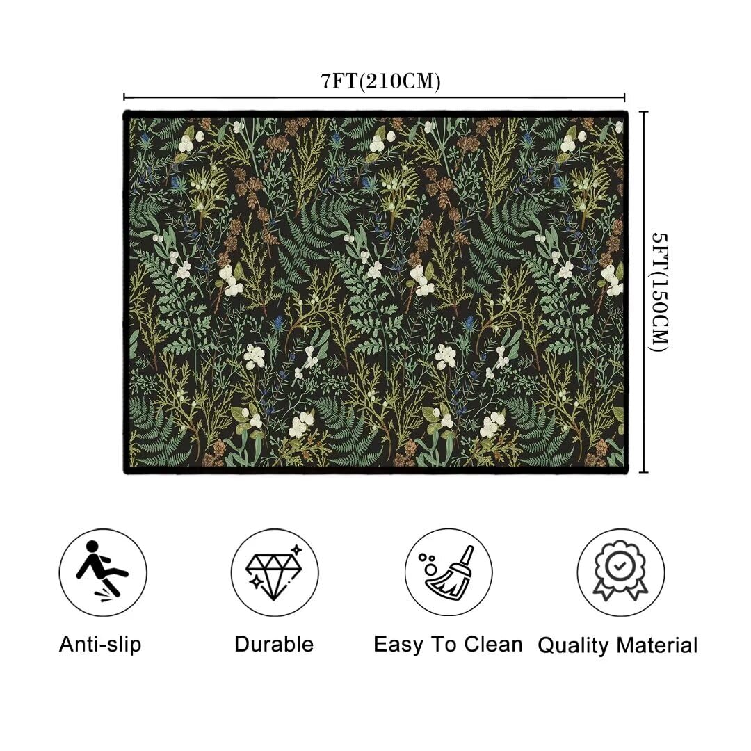 Black Green Area Rug 5x7 Living Room Rug,Botanical Print Throw Rugs Carpet for Dining Room Washable Bedroom Rug,Plant Leaf Printed Area Rugs Non Slip Floor Carpets for Office,Kids Playroom,Laundry