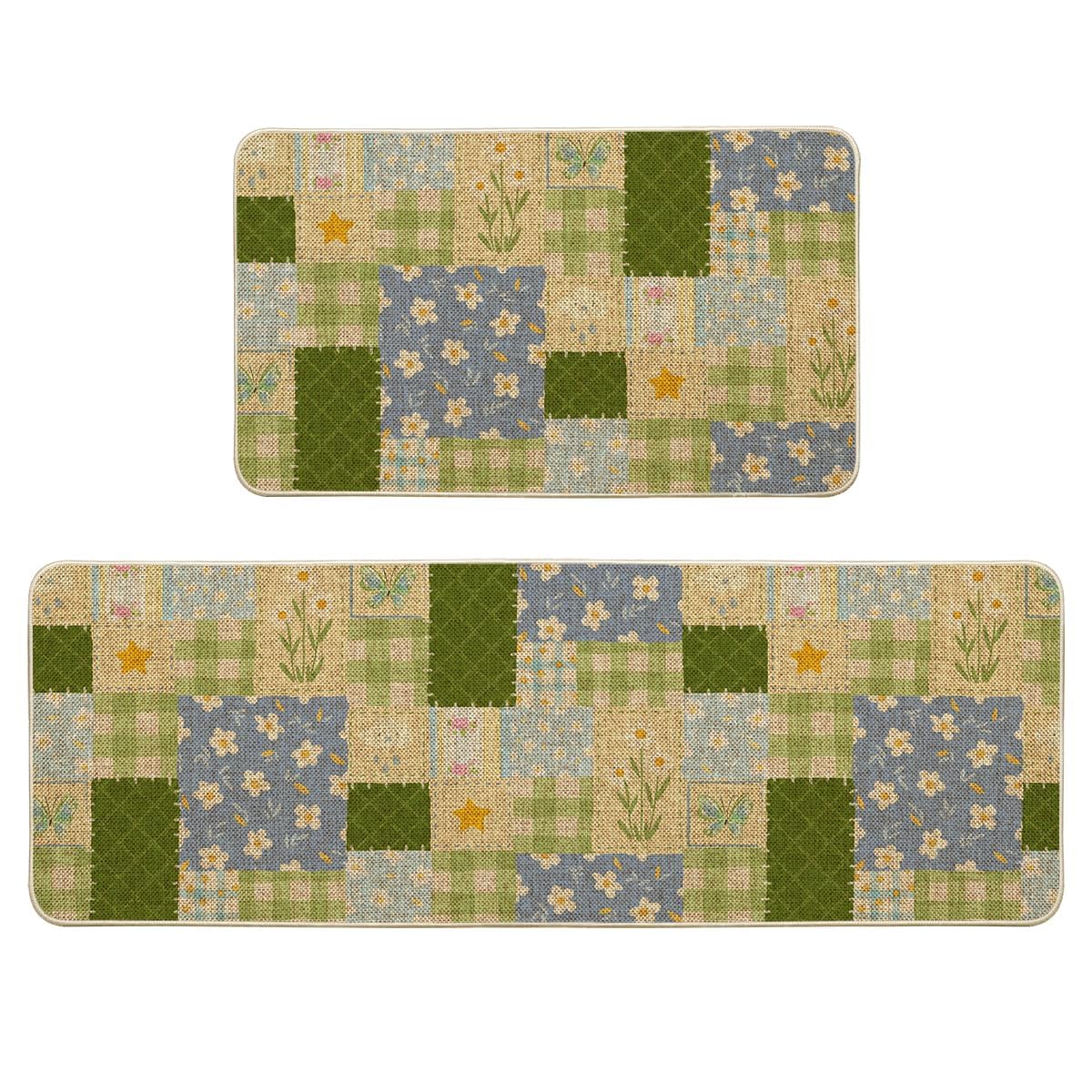 Artoid Mode Check Pattern Flowers Floral Spring Kitchen Mats Set of 2, Home Decor Low-Profile Kitchen Rugs for Floor - 17x29 and 17x47 Inch