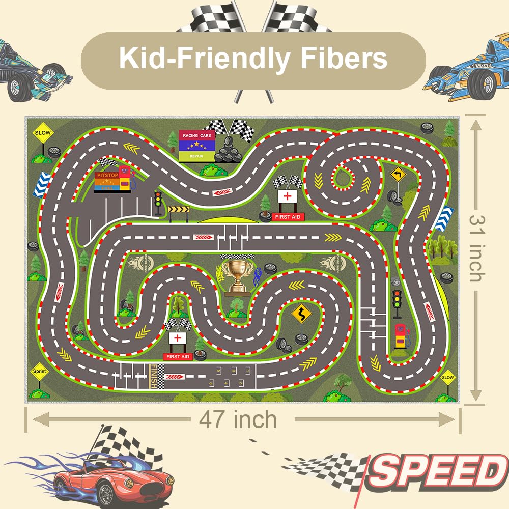 Pyrrhite Kids Rug, Race Track Playmat Rugs 47×31 in Kids Carpet with Rubber Backing, Start and Finish line Racing Track Marking Car Road Race 3D Play Mat Nursery Rugs for Children Bedroom Playroom