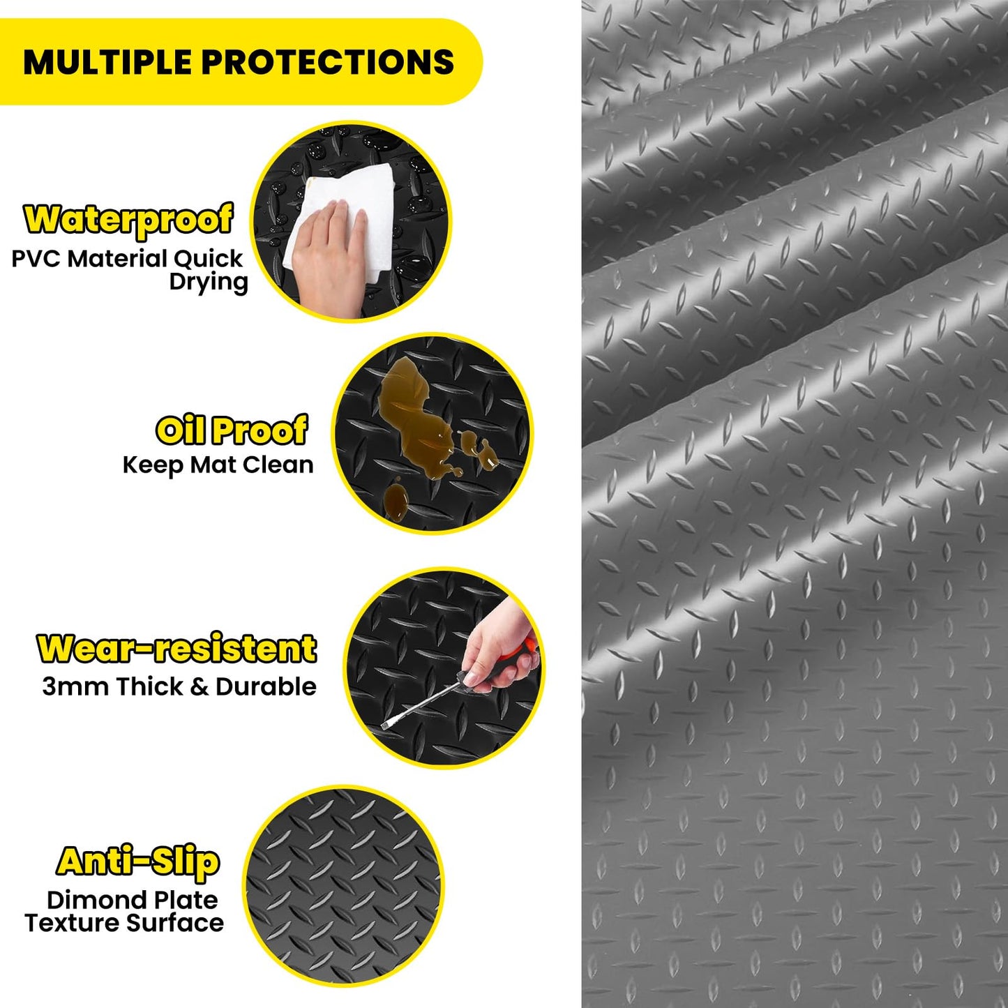 4x10 FT Garage Floor Mat, 2.8mm Thickened Diamond Plate PVC Rubber Heavy Duty Flooring Roll Covering Non-Slip Floor Protector Mat for Under Car Parking/Garage/Warehouse/Gyms/Trailer (Gray)