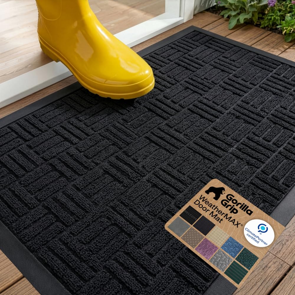 GORILLA GRIP 100% Waterproof All-Season WeatherMAX Doormat US Designed Natural Rubber, Stain and Fade Resistant, Low Profile Indoor Outdoor Door Mats, Easy Clean Patio Mat, 29x17, Black Maze