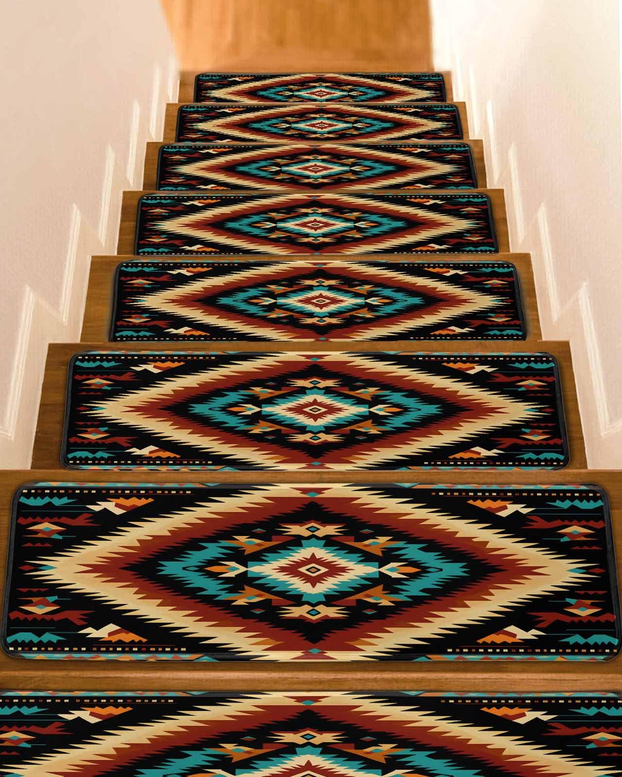 Colorful Boho Aztec Stair Treads for Wooden Steps Indoor Runner Rug Carpet, Rustic Southwestern American Art 15 Pieces Peel and Stick Staircase Step Treads Covers Washable Throw Door Mats, 30"x8"
