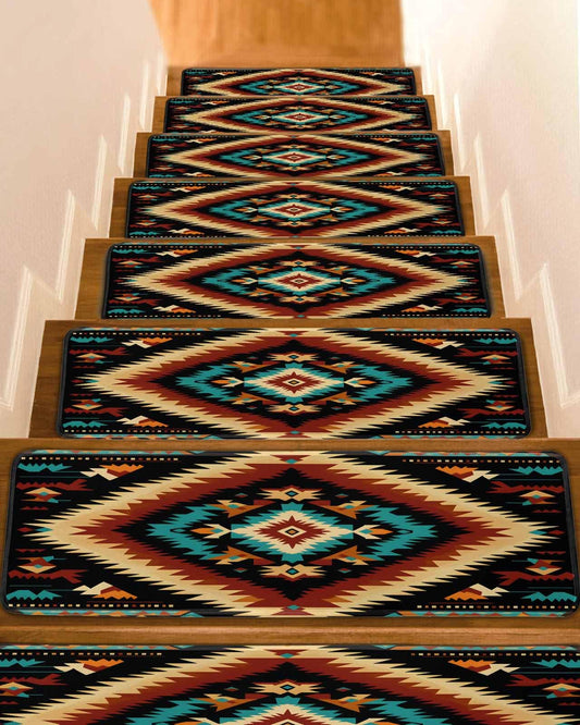 Colorful Boho Aztec Stair Treads for Wooden Steps Indoor Runner Rug Carpet, Rustic Southwestern American Art 15 Pieces Peel and Stick Staircase Step Treads Covers Washable Throw Door Mats, 30"x8"