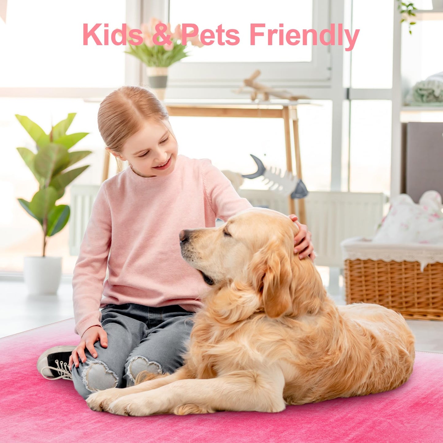 8x10 Area Rugs, Hot Pink Rugs for Living Room Bedroom Girls, Contemporary Ombre Carpet Large Washable Rug Non-Slip Soft Nursery Rug for Playroom, Kid Room, Dining Room