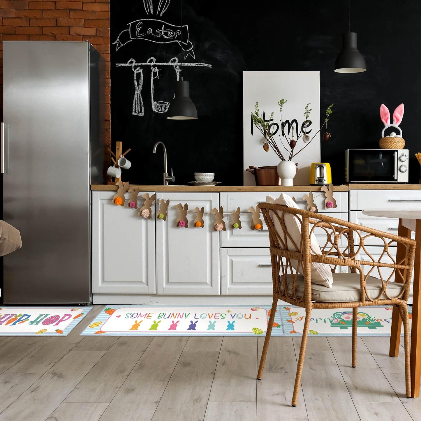 Amylove 3 Pcs Easter Kitchen Rug Easter Floor Mat Rabbits Bunny Eggs Hip Hop Rugs Decorative Spring Kitchen Mat Anti Slip for Home Bathroom Decoration, 47.2 x 15.8 Inch, 29.5 x 15.8 Inch