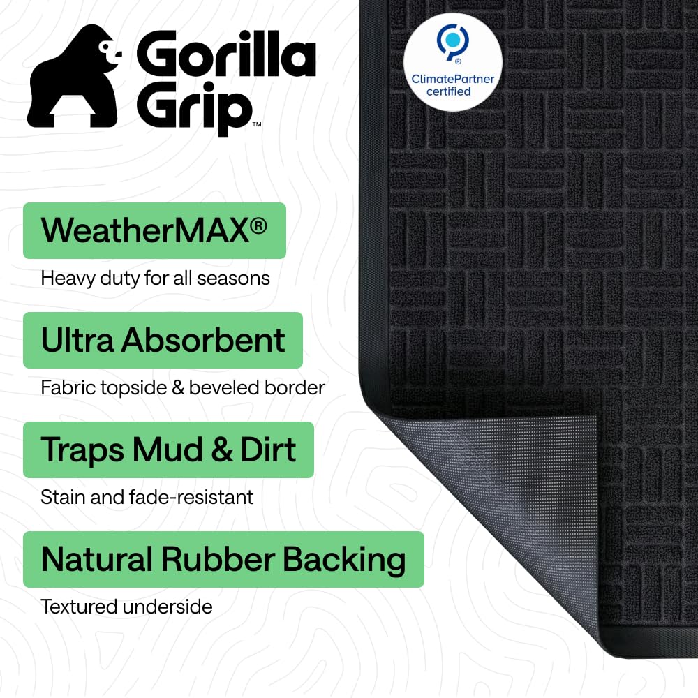 GORILLA GRIP 100% Waterproof All-Season WeatherMAX Doormat US Designed Natural Rubber, Stain and Fade Resistant, Low Profile Indoor Outdoor Door Mats, Easy Clean Patio Mat, 29x17, Black Maze