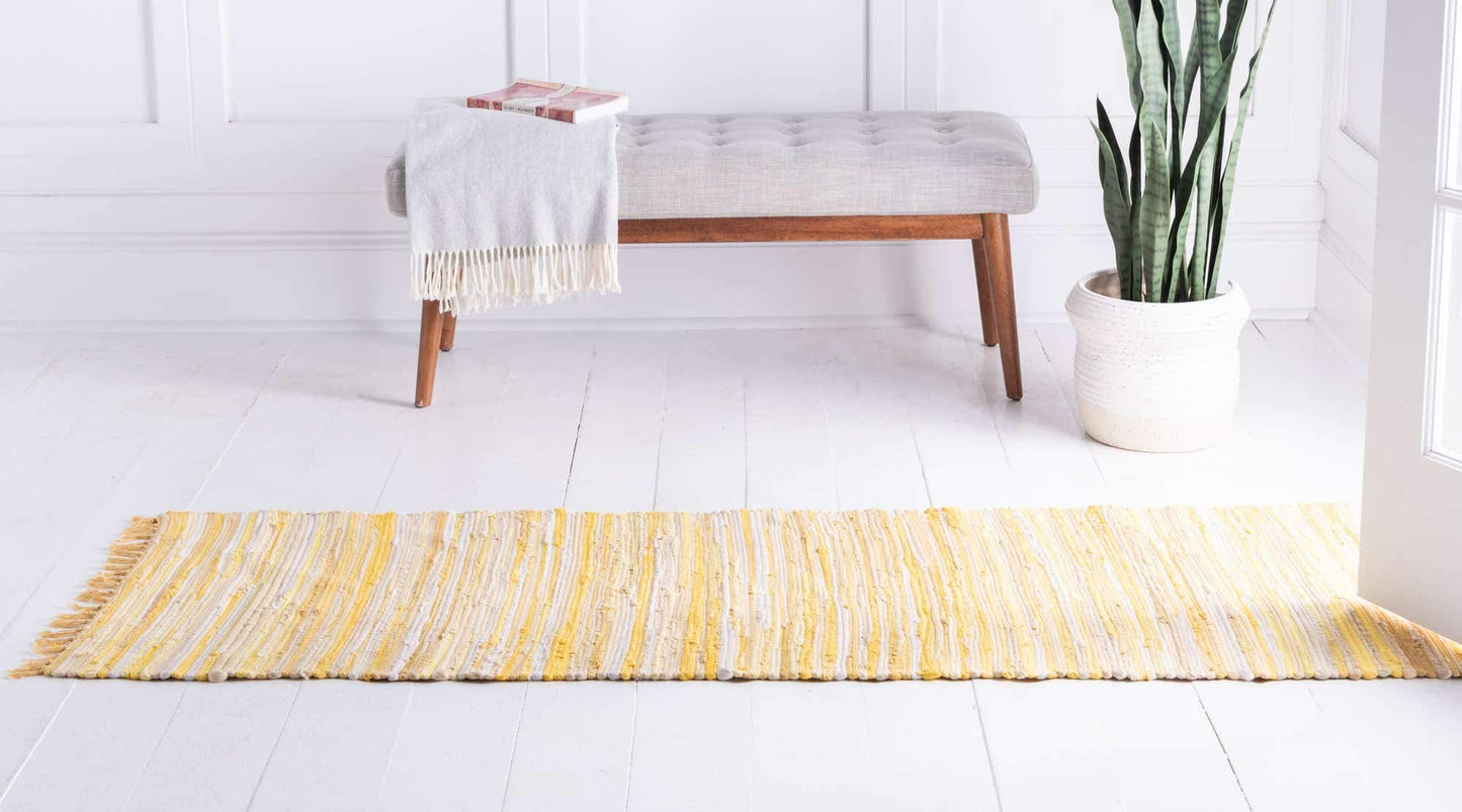 Unique Loom Chindi Cotton Collection Soft Hand Woven Natural Fiber Striped Area Rug, 2 ft 2 in x 6 ft 7 in, Yellow/Ivory